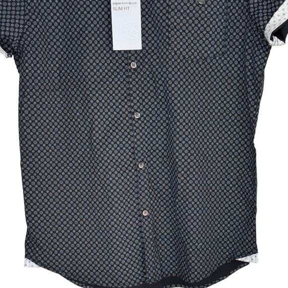Paperdenim & Cloth Slim Fit Shirt XL Black White Geometric Short Sleeve NWT - Picture 3 of 16